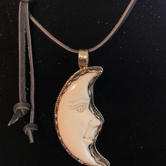 505. Crescent Moon Hand Carved from Buffalo Bone set in Tibetan Silver - Picture 1 of 4